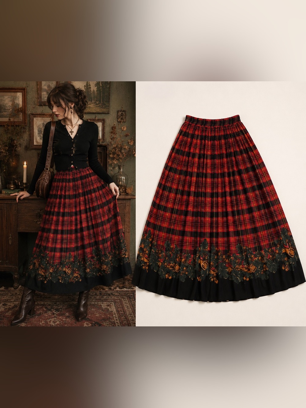 Vintage On The Verge Tartan Plaid Maxi Skirt Acorn Border Print Made USA M
